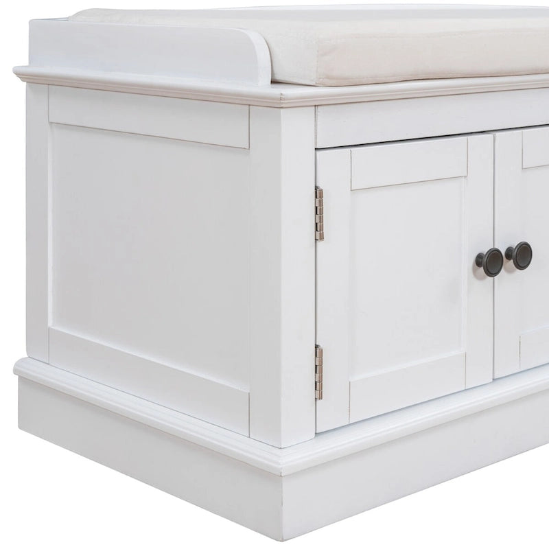 Banc de rangement classique 4 portes avec coussin en lin amovible et étagères réglables