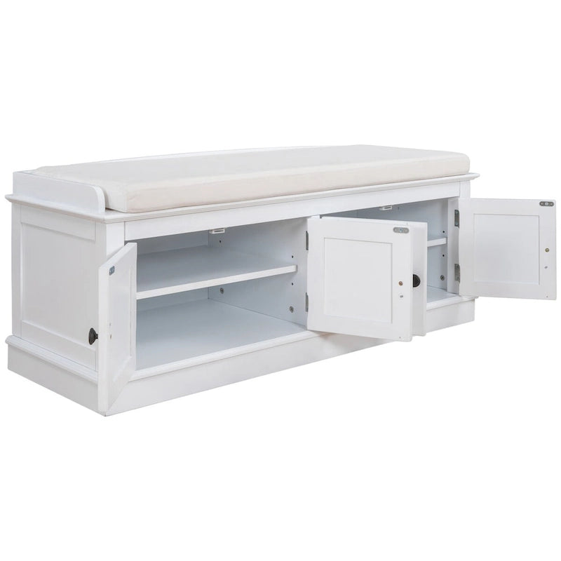 Banc de rangement classique 4 portes avec coussin en lin amovible et étagères réglables