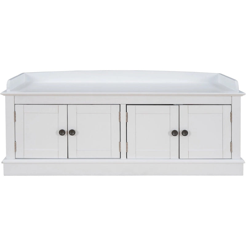 Banc de rangement classique 4 portes avec coussin en lin amovible et étagères réglables