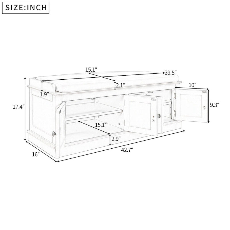 Banc de rangement classique 4 portes avec coussin en lin amovible et étagères réglables
