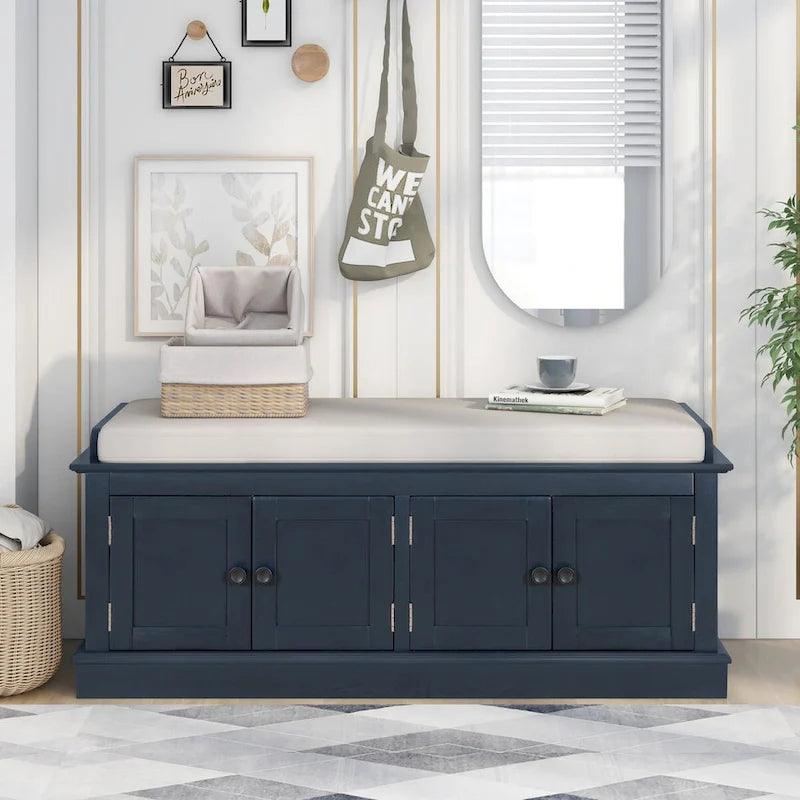 Banc de rangement classique 4 portes avec coussin en lin amovible et étagères réglables