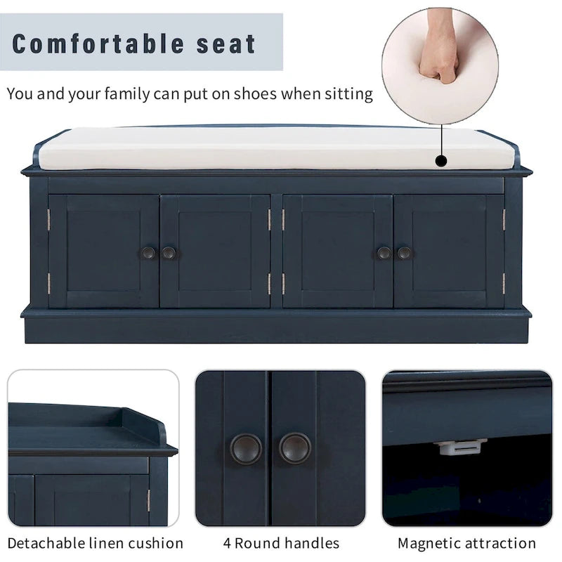 Banc de rangement classique 4 portes avec coussin en lin amovible et étagères réglables