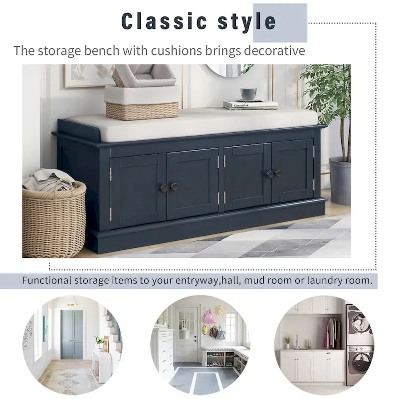 Banc de rangement classique 4 portes avec coussin en lin amovible et étagères réglables