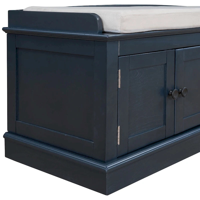 Banc de rangement classique 4 portes avec coussin en lin amovible et étagères réglables