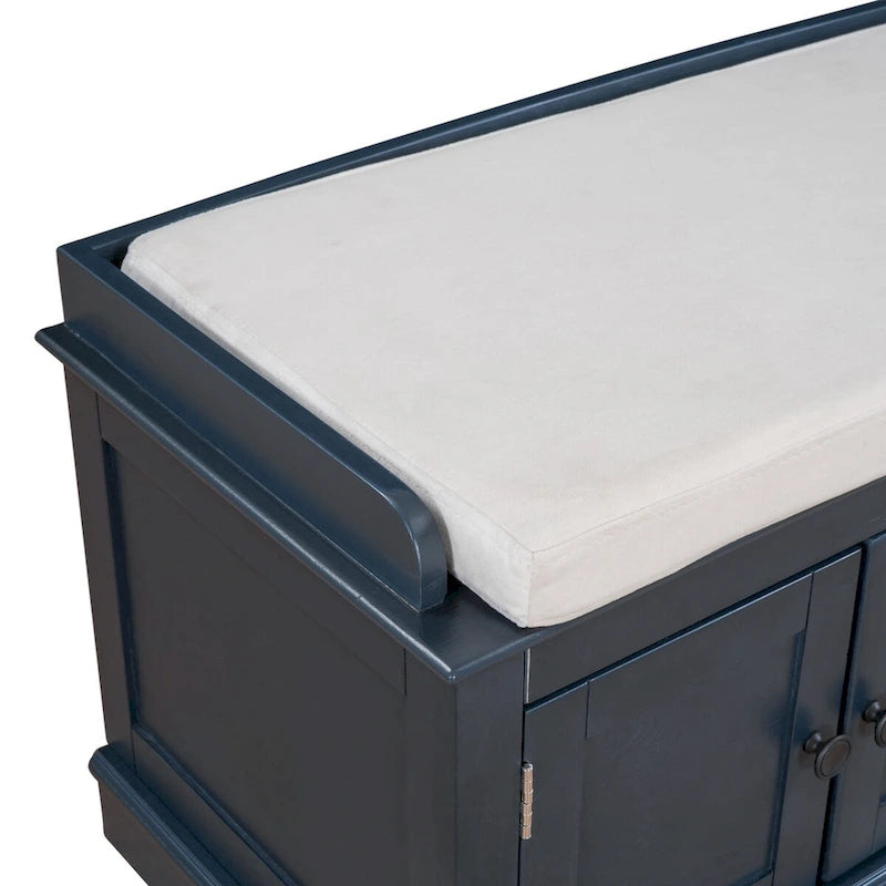 Banc de rangement classique 4 portes avec coussin en lin amovible et étagères réglables