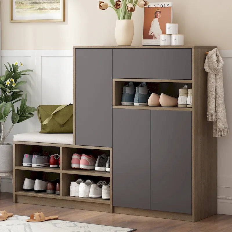 Banc de rangement à chaussures 2-en-1 avec assise rembourrée, étagères ajustables et portes à ouverture par pression