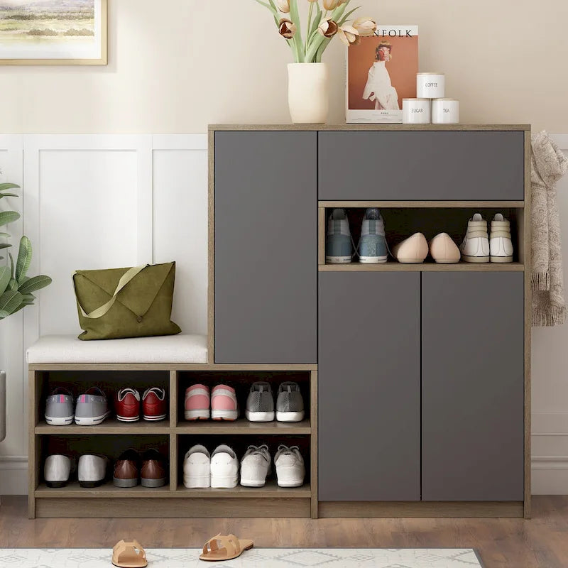 Banc de rangement à chaussures 2-en-1 avec assise rembourrée, étagères ajustables et portes à ouverture par pression
