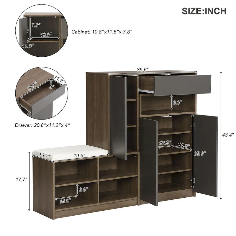Banc de rangement à chaussures 2-en-1 avec assise rembourrée, étagères ajustables et portes à ouverture par pression
