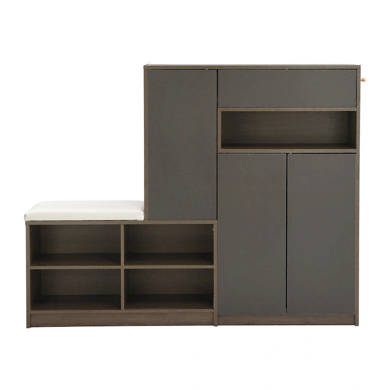 Banc de rangement à chaussures 2-en-1 avec assise rembourrée, étagères ajustables et portes à ouverture par pression