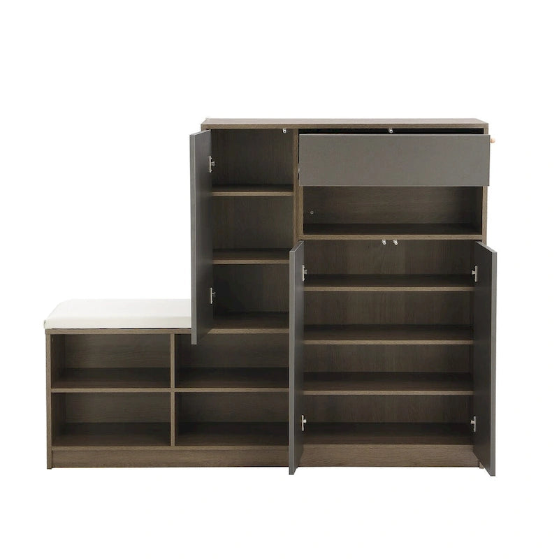 Banc de rangement à chaussures 2-en-1 avec assise rembourrée, étagères ajustables et portes à ouverture par pression