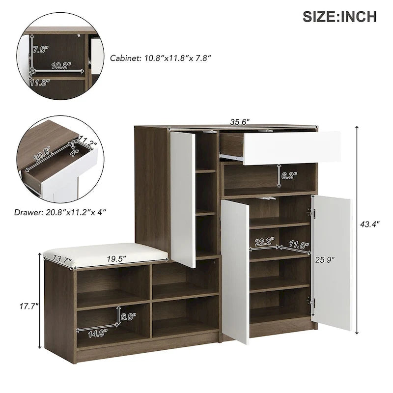 Banc de rangement à chaussures 2-en-1 avec assise rembourrée, étagères ajustables et portes à ouverture par pression