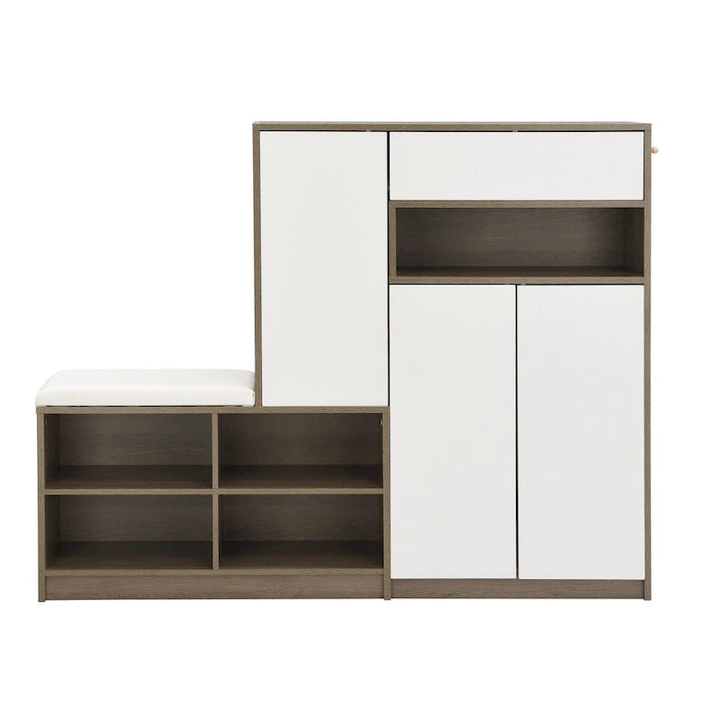Banc de rangement à chaussures 2-en-1 avec assise rembourrée, étagères ajustables et portes à ouverture par pression