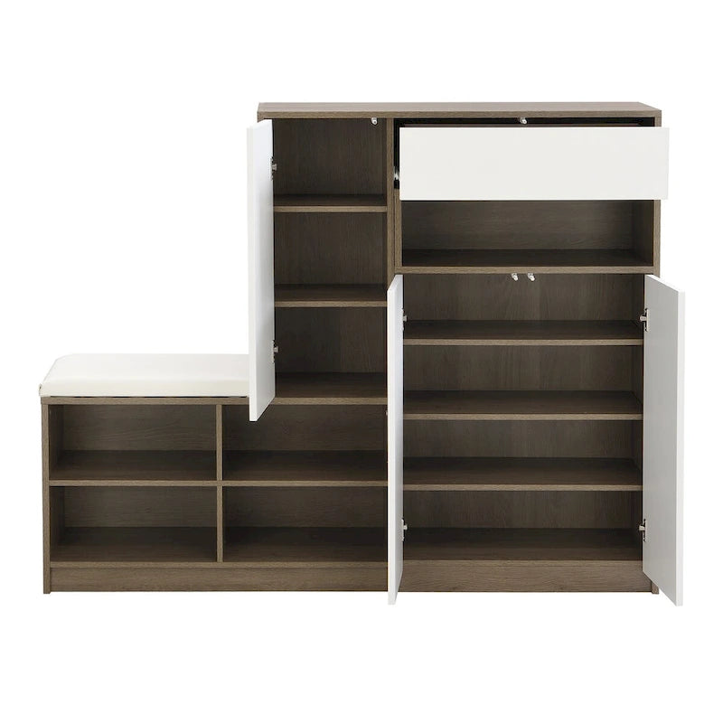 Banc de rangement à chaussures 2-en-1 avec assise rembourrée, étagères ajustables et portes à ouverture par pression