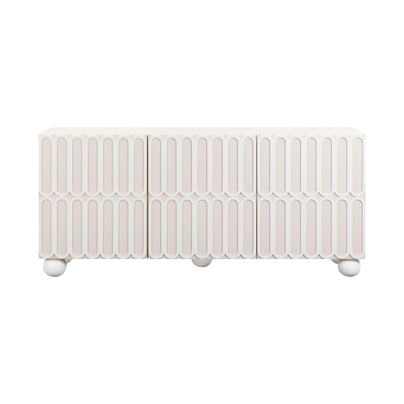 Bahut Taupe Motif avec 4 tiroirs, portes à fermeture amortie et pieds sphériques en bois
