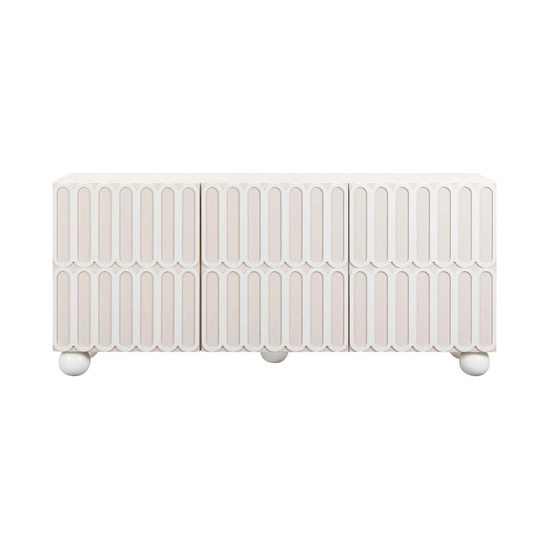 Bahut Taupe Motif avec 4 tiroirs, portes à fermeture amortie et pieds sphériques en bois