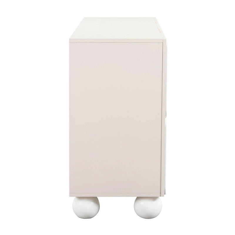 Bahut Taupe Motif avec 4 tiroirs, portes à fermeture amortie et pieds sphériques en bois