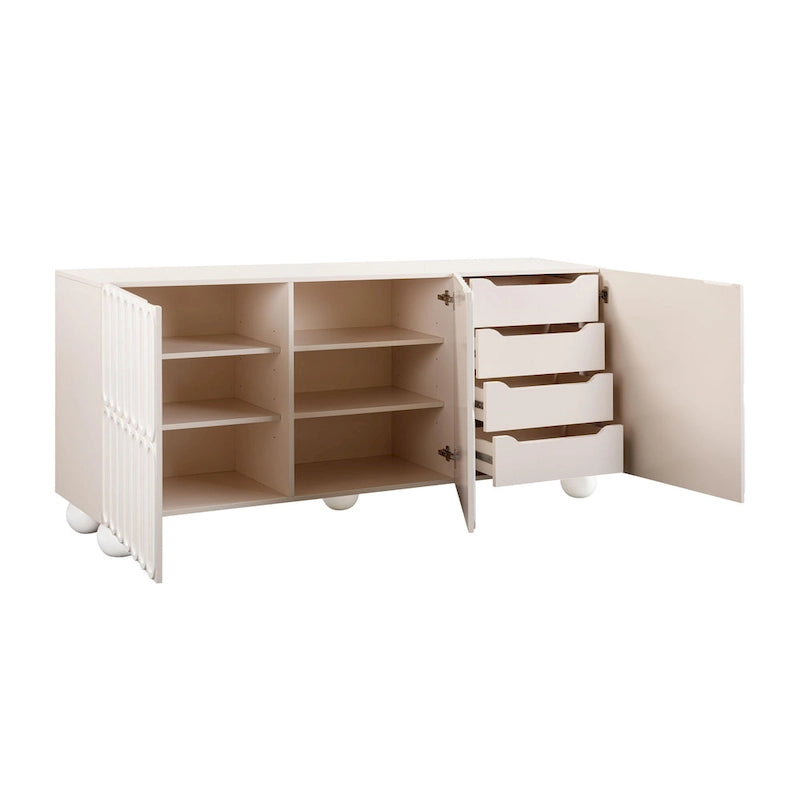 Bahut Taupe Motif avec 4 tiroirs, portes à fermeture amortie et pieds sphériques en bois
