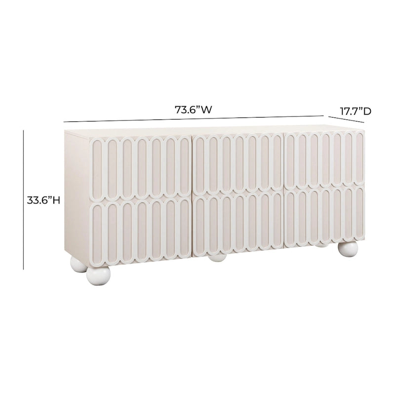 Bahut Taupe Motif avec 4 tiroirs, portes à fermeture amortie et pieds sphériques en bois