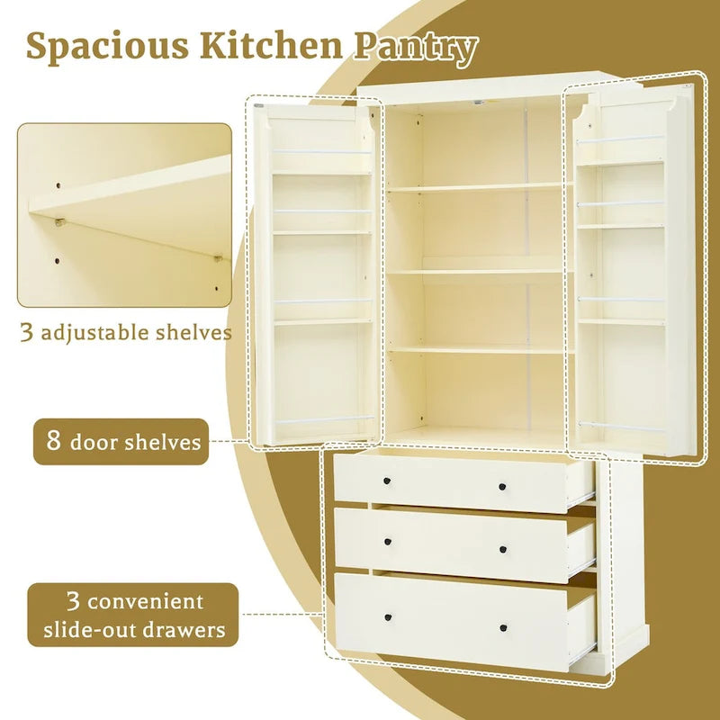 Armoire de cuisine autoportante de 77 po avec tablettes réglables, rangements de porte et 3 tiroirs