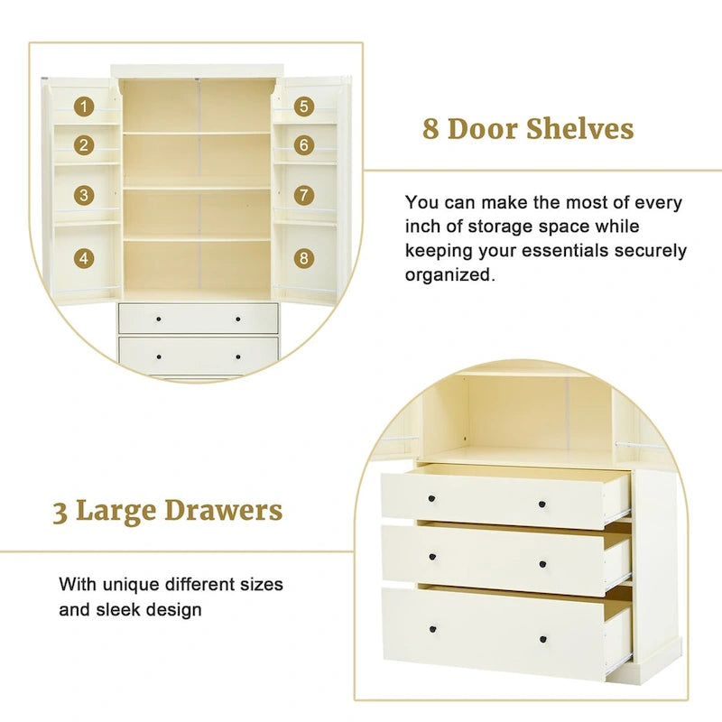 Armoire de cuisine autoportante de 77 po avec tablettes réglables, rangements de porte et 3 tiroirs