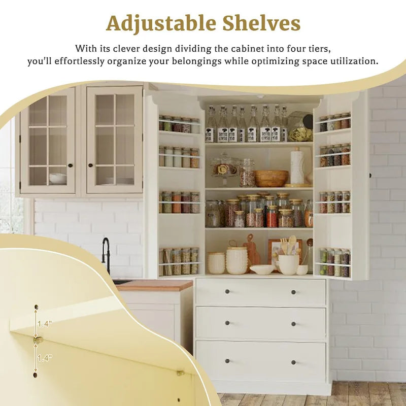 Armoire de cuisine autoportante de 77 po avec tablettes réglables, rangements de porte et 3 tiroirs