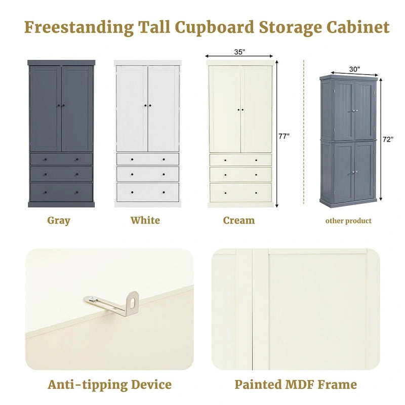 Armoire de cuisine autoportante de 77 po avec tablettes réglables, rangements de porte et 3 tiroirs