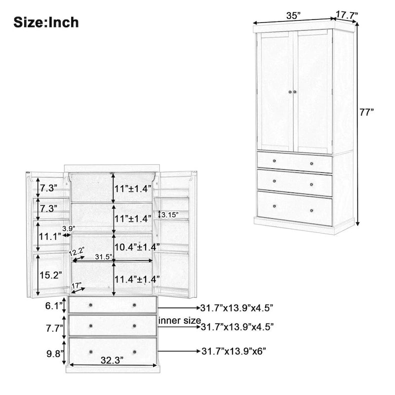 Armoire de cuisine autoportante de 77 po avec tablettes réglables, rangements de porte et 3 tiroirs