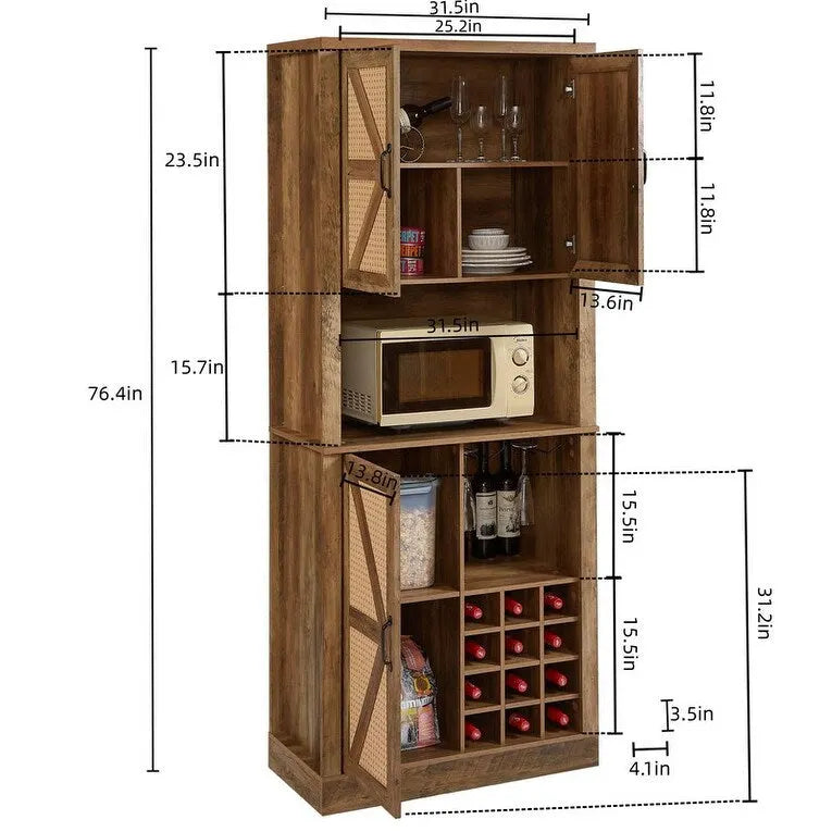 Meuble bar haut de ferme avec portes de grange en rotin et casier à vin