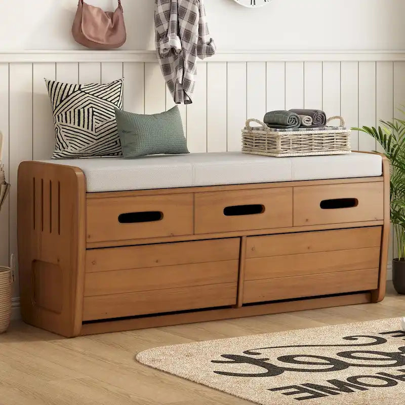 Banc de rangement rustique en bois avec coussin d'assise, 2 tiroirs et panneau frontal décoratif