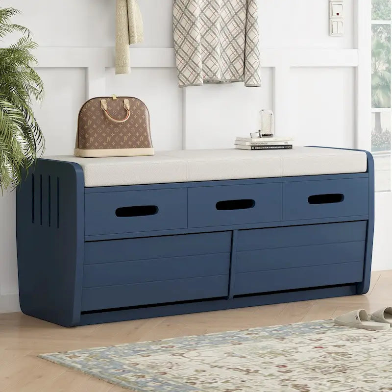 Banc de rangement rustique en bois avec coussin d'assise, 2 tiroirs et panneau frontal décoratif