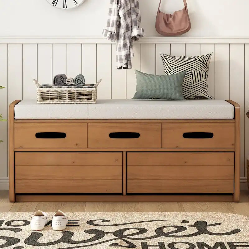 Banc de rangement rustique en bois avec coussin d'assise, 2 tiroirs et panneau frontal décoratif