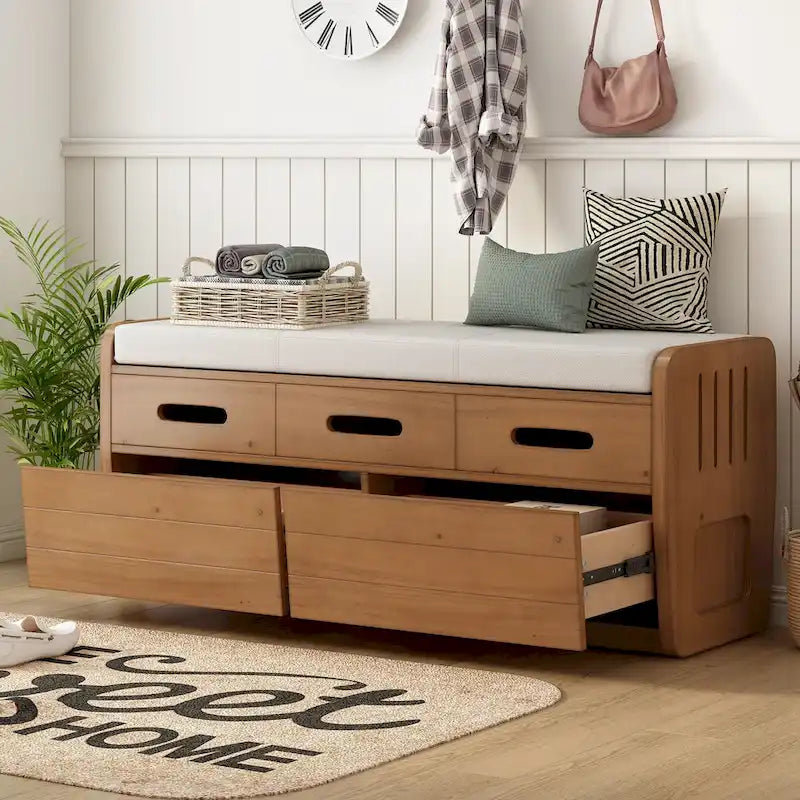 Banc de rangement rustique en bois avec coussin d'assise, 2 tiroirs et panneau frontal décoratif