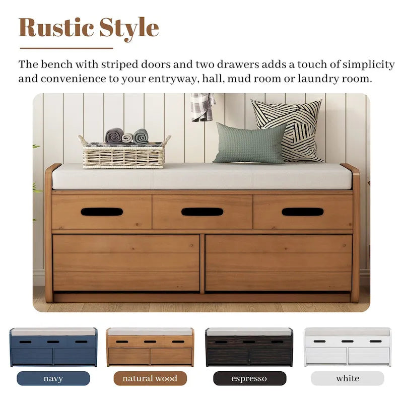 Banc de rangement rustique en bois avec coussin d'assise, 2 tiroirs et panneau frontal décoratif