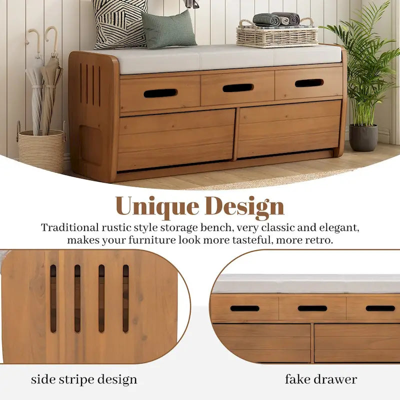 Banc de rangement rustique en bois avec coussin d'assise, 2 tiroirs et panneau frontal décoratif