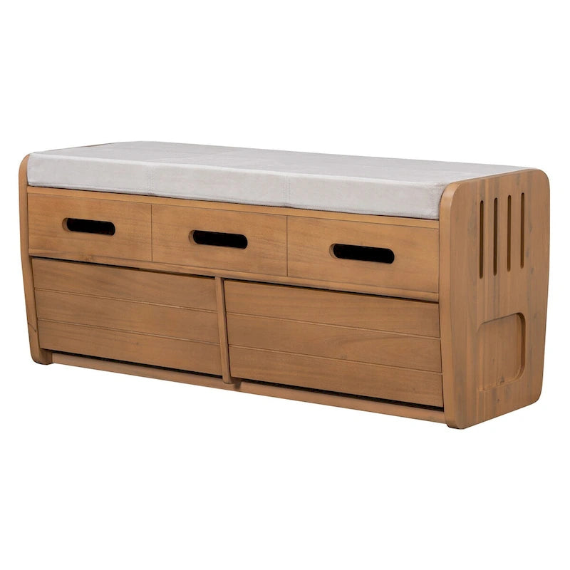 Banc de rangement rustique en bois avec coussin d'assise, 2 tiroirs et panneau frontal décoratif
