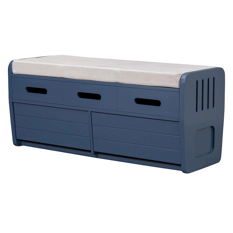 Banc de rangement rustique en bois avec coussin d'assise, 2 tiroirs et panneau frontal décoratif