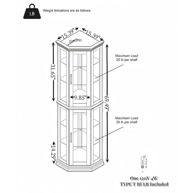 Vitrine d'angle éclairée avec portes en verre trempé et étagères réglables