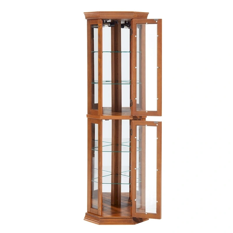 Vitrine d'angle éclairée avec portes en verre trempé et étagères réglables