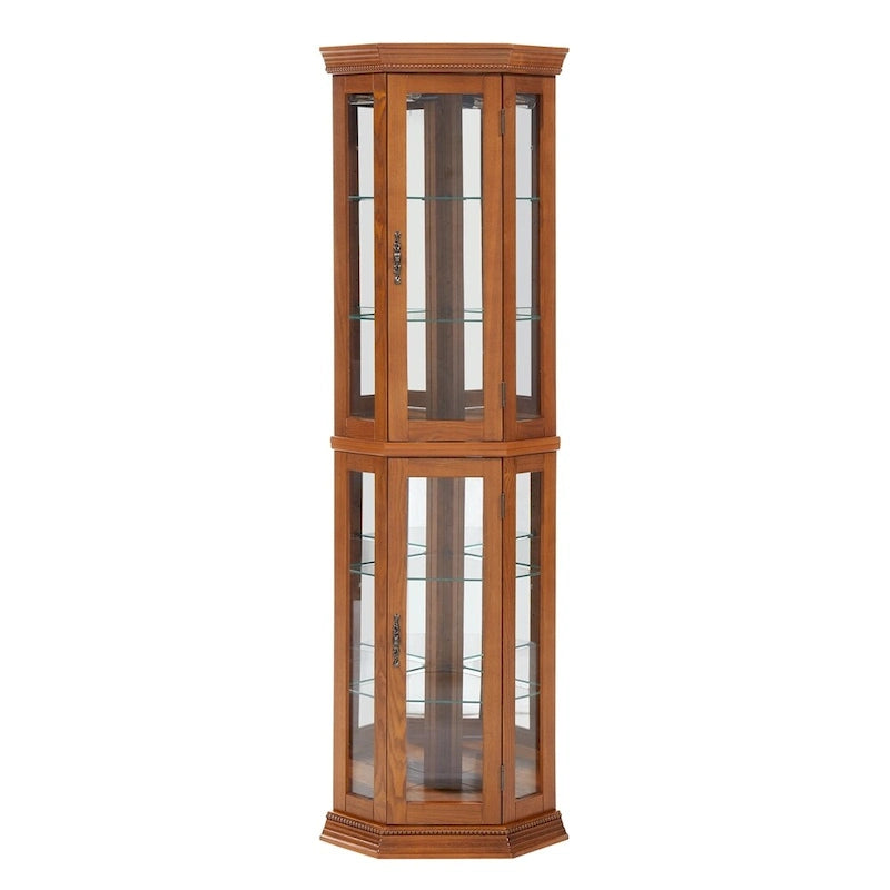 Vitrine d'angle éclairée avec portes en verre trempé et étagères réglables