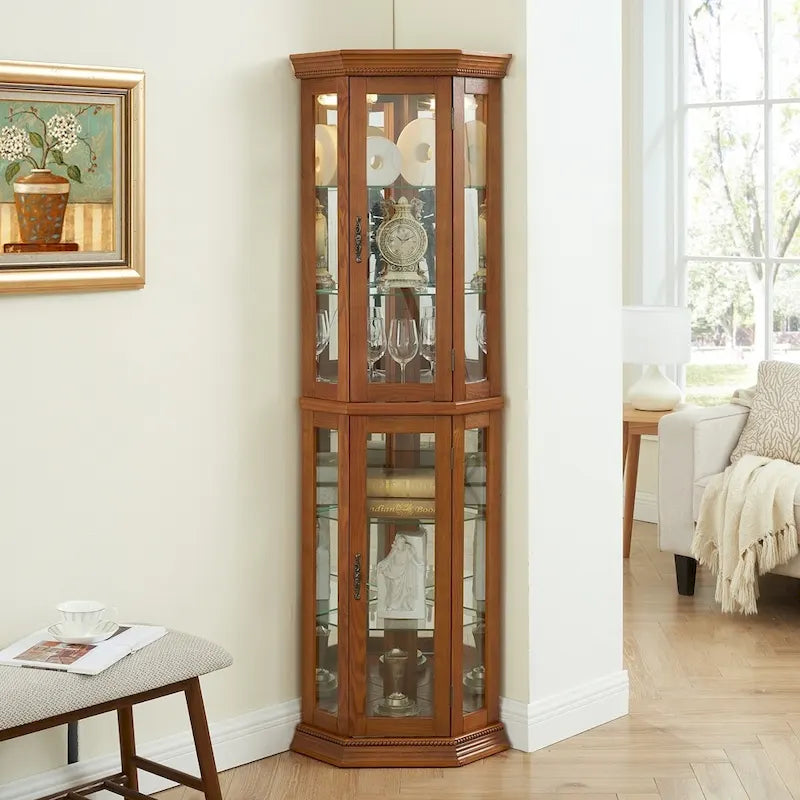 Vitrine d'angle éclairée avec portes en verre trempé et étagères réglables