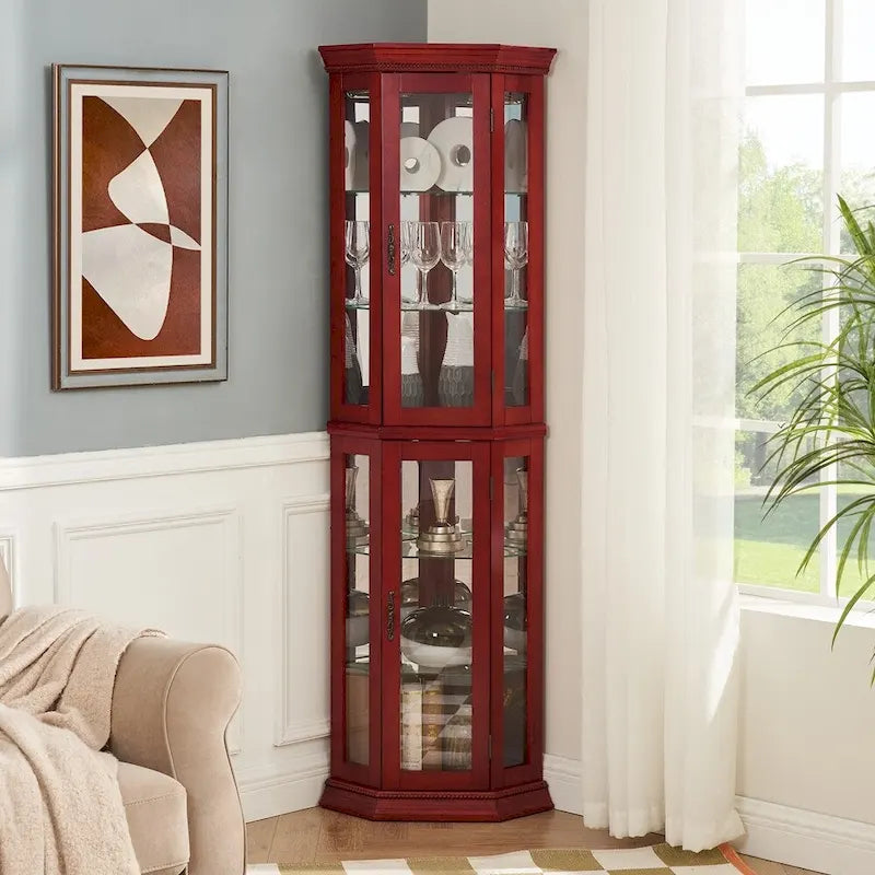 Vitrine d'angle éclairée avec portes en verre trempé et étagères réglables