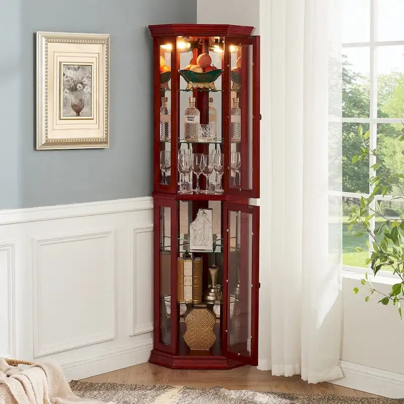 Vitrine d'angle éclairée avec portes en verre trempé et étagères réglables