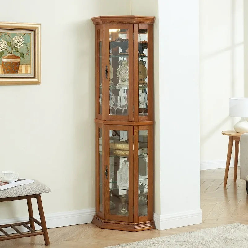 Vitrine d'angle éclairée avec portes en verre trempé et étagères réglables