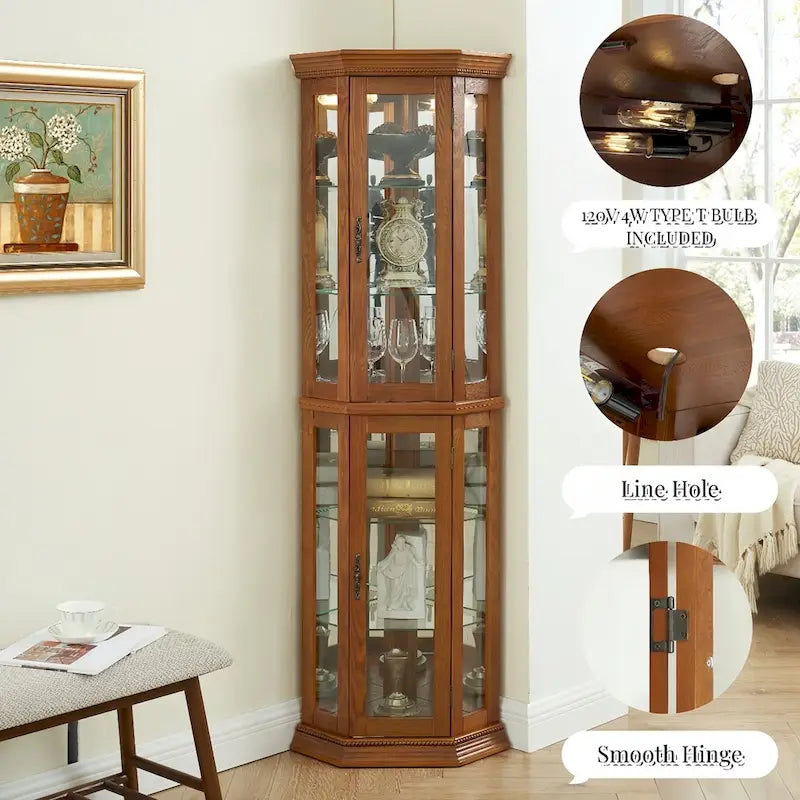 Vitrine d'angle éclairée avec portes en verre trempé et étagères réglables