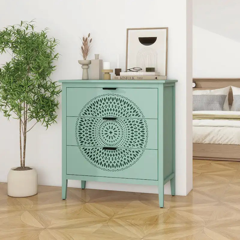 Meuble de rangement à 3 tiroirs avec panneau ajouré et poignées dorées