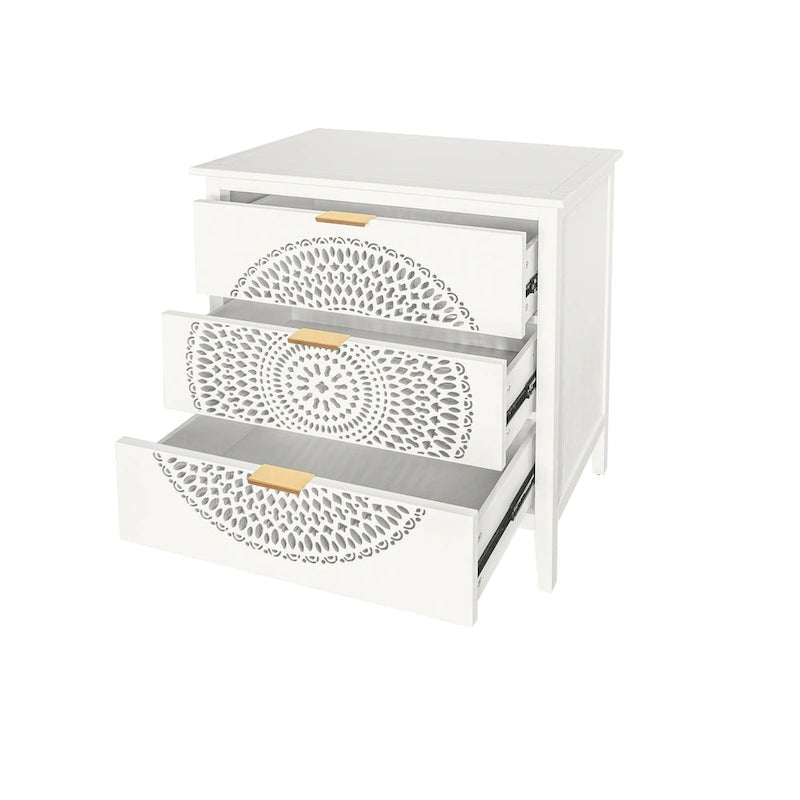 Meuble de rangement à 3 tiroirs avec panneau ajouré et poignées dorées