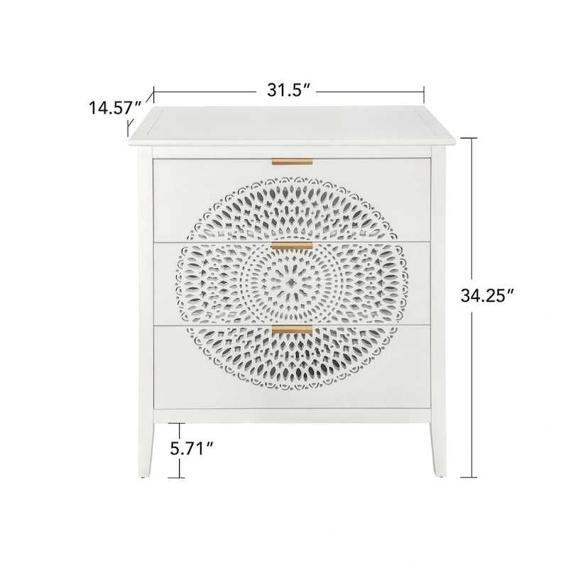Meuble de rangement à 3 tiroirs avec panneau ajouré et poignées dorées