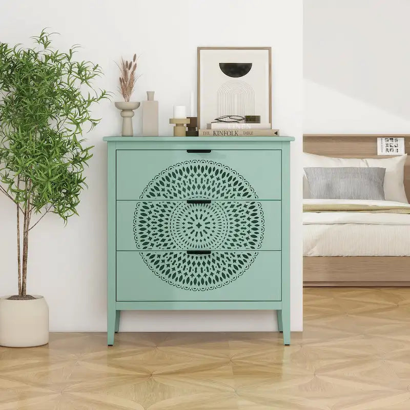 Meuble de rangement à 3 tiroirs avec panneau ajouré et poignées dorées