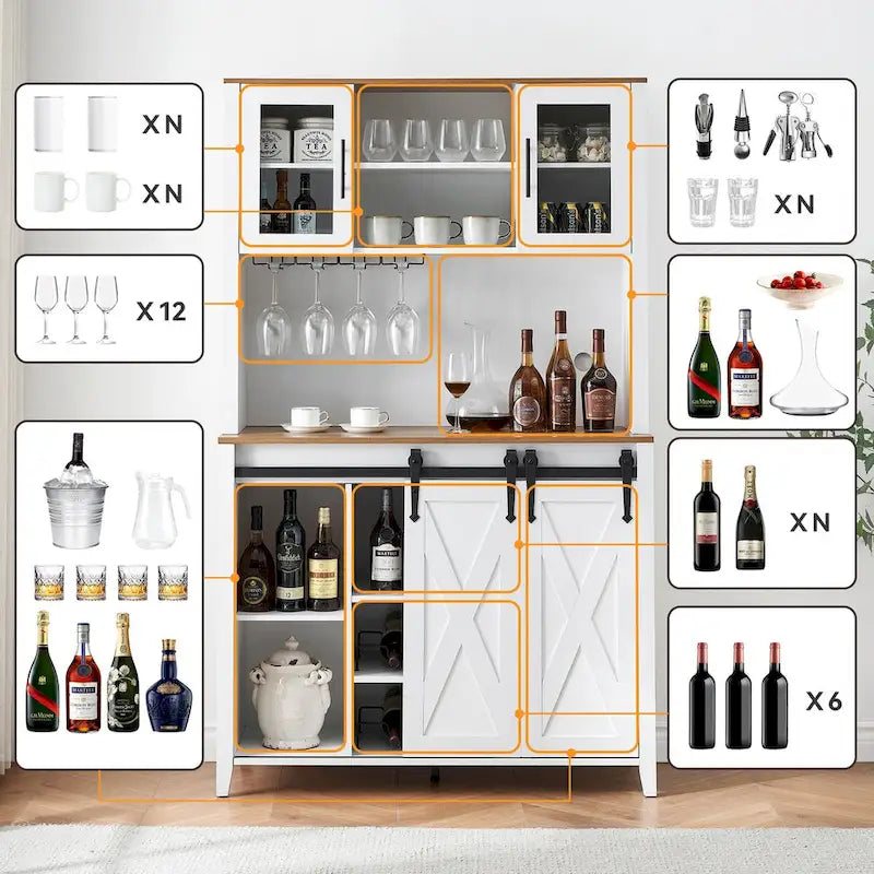 Meuble à vin de ferme avec porte coulissante, casier à vin, porte-verres et placards supérieurs