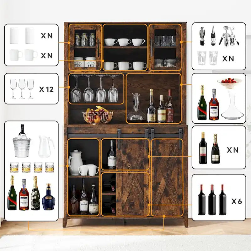 Meuble à vin de ferme avec porte coulissante, casier à vin, porte-verres et placards supérieurs